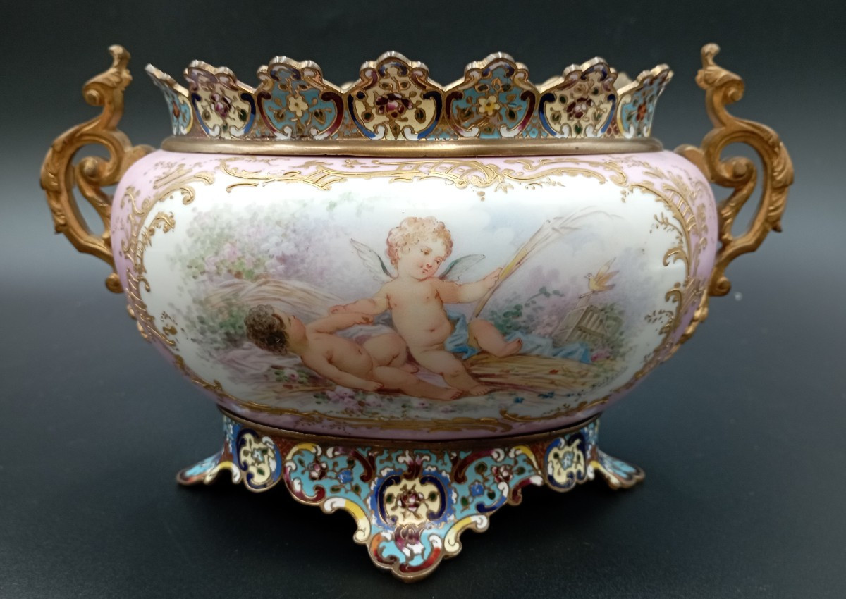 Sèvres Porcelain Jardinière Signed Poitevin And Bronze, 19th Century