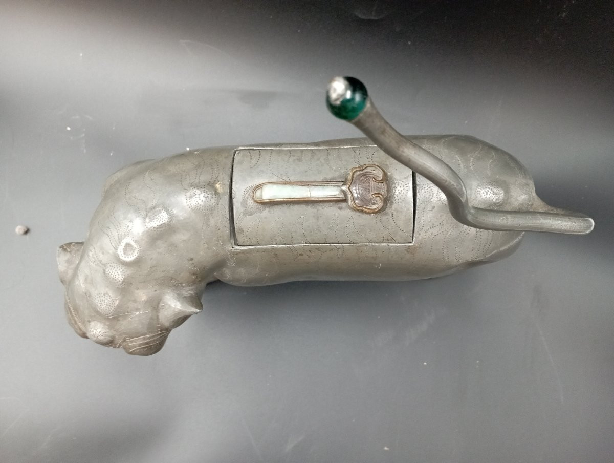 Boite en étain Lion / Chien de Fo dynastie Qing Chine XIX ème siècle-photo-3