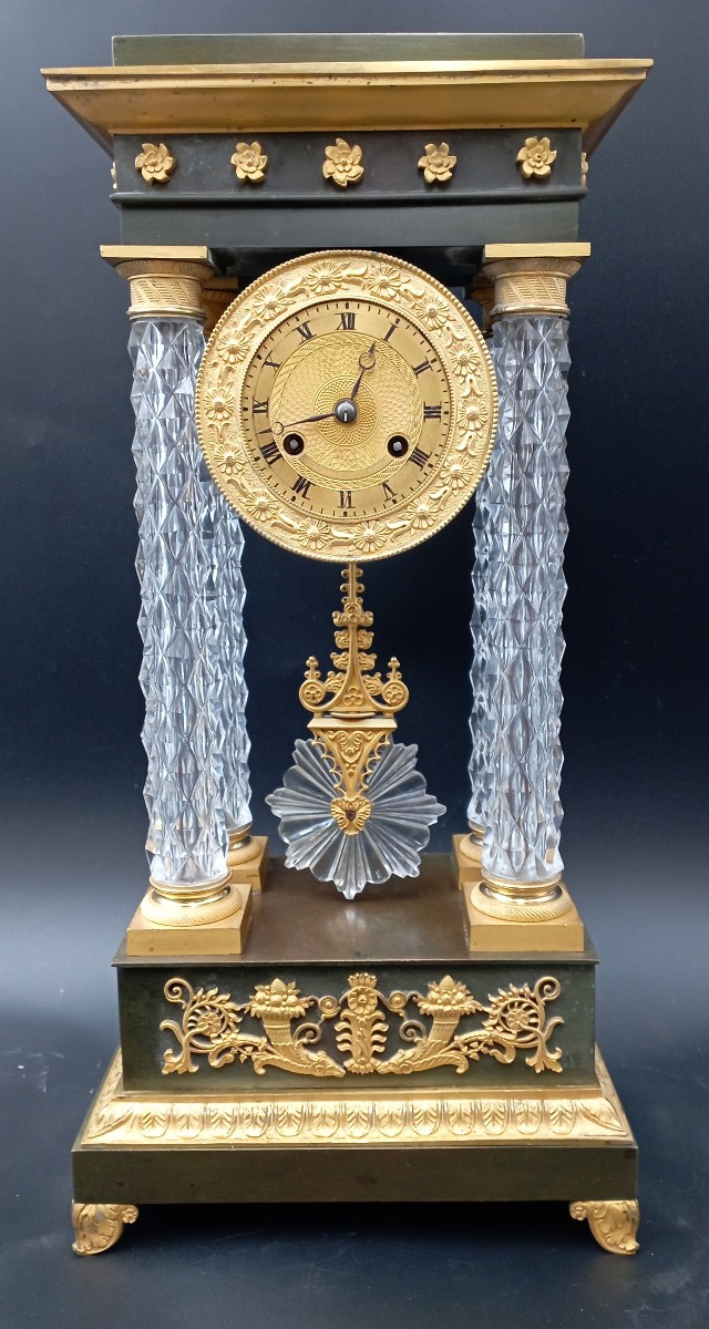 Empire Period Gilt Bronze And Crystal Portico Clock