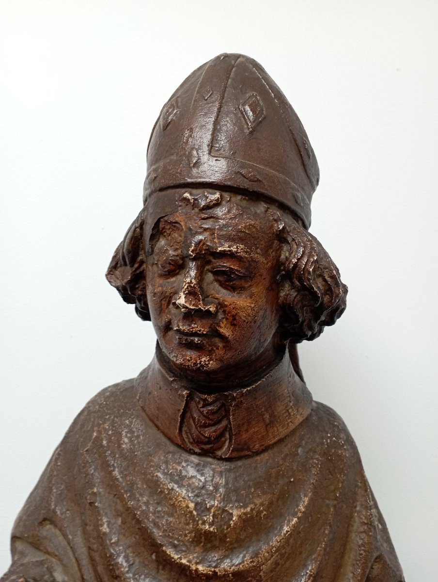 St Evêque en pierre peinte début XVII ème siècle-photo-2