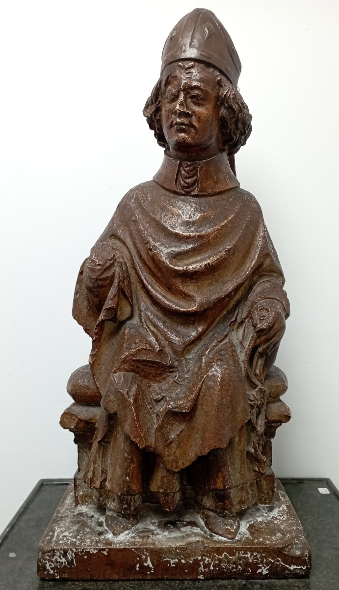 St Evêque en pierre peinte début XVII ème siècle