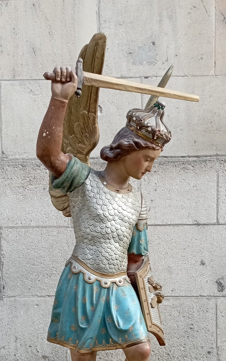 Archangel Saint Michael Wood And Plaster Late 19th Century-photo-3