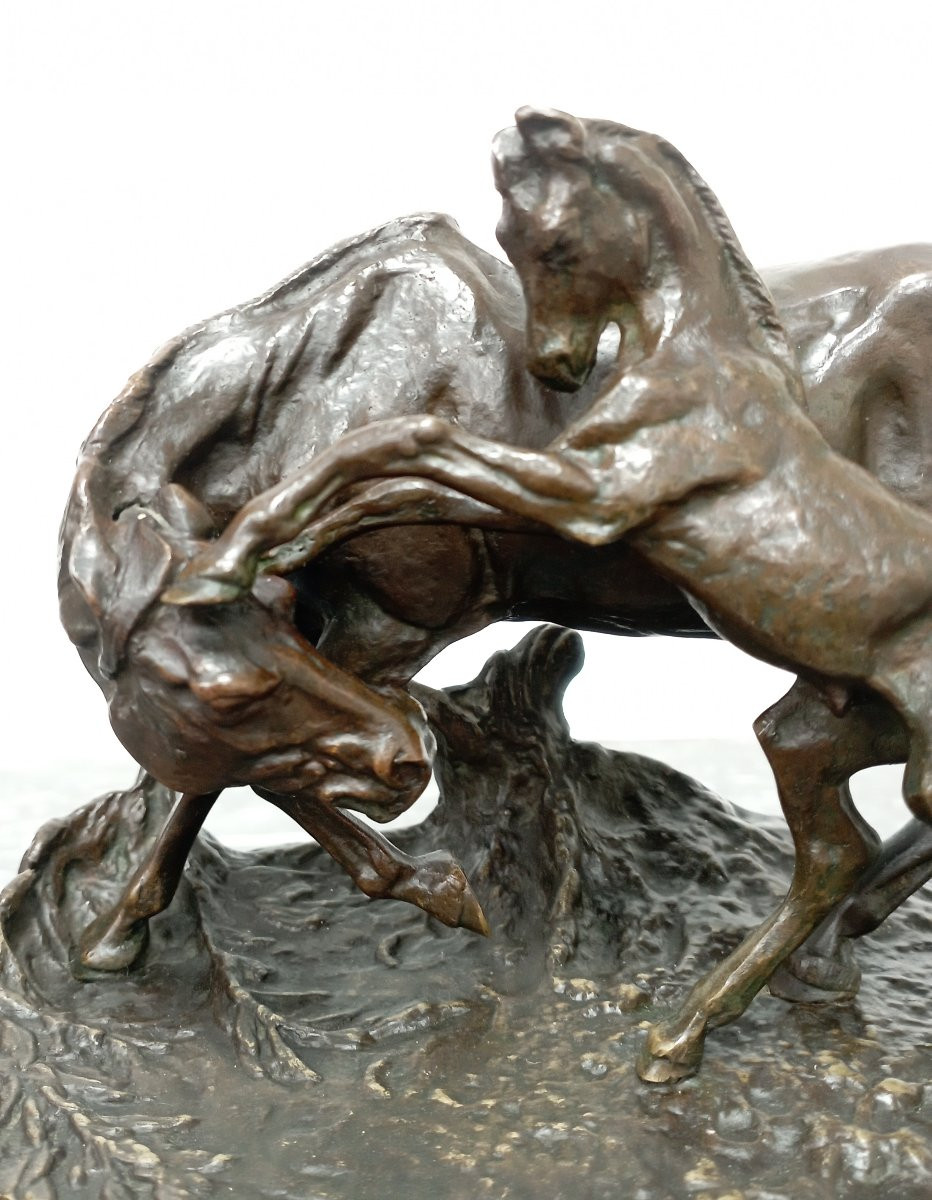 '' Arabian Mare And Her Foal'' Bronze Sculpture By Pierre Jules Mène-photo-2