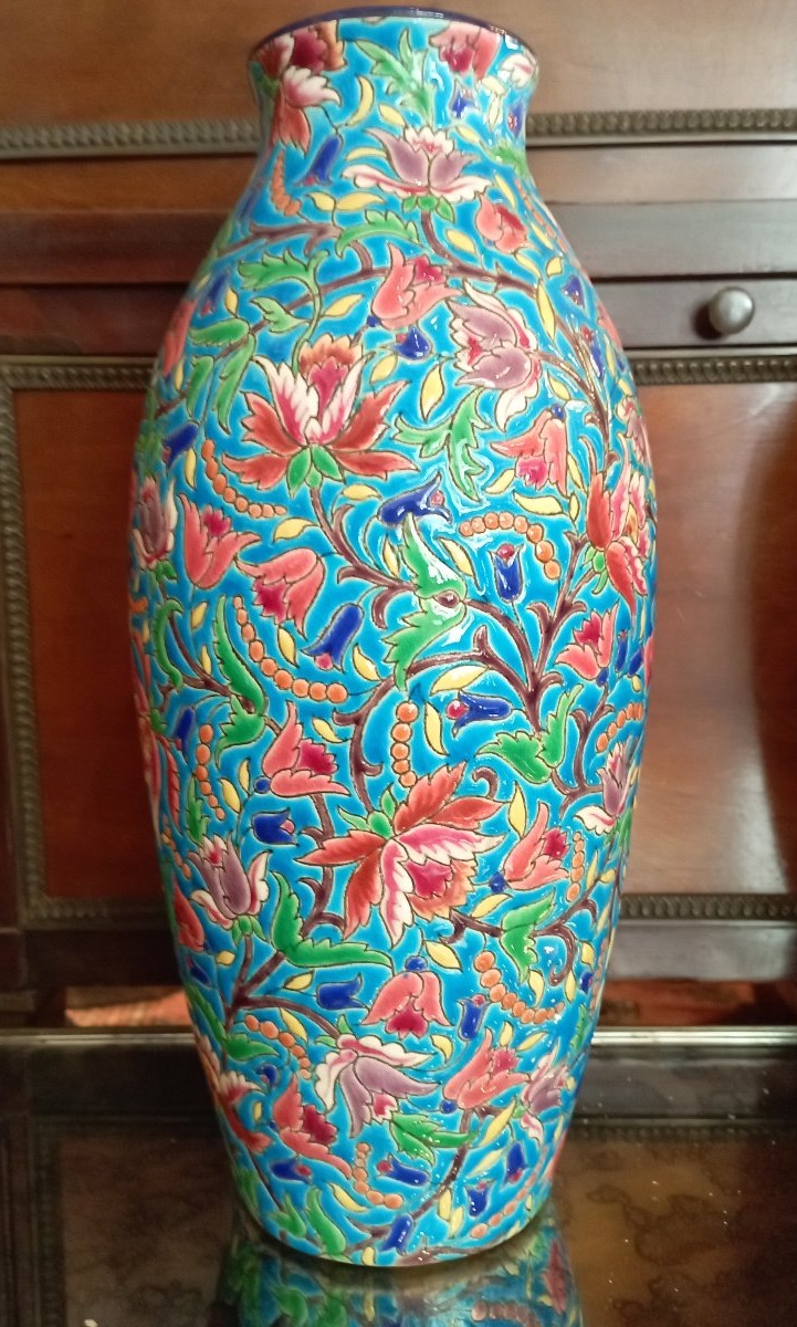 Paire de vases balustres décor pivoines '' Emaux de Longwy''-photo-2