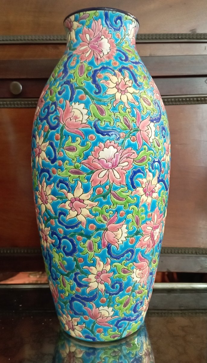 Paire de vases balustres décor pivoines '' Emaux de Longwy''-photo-3