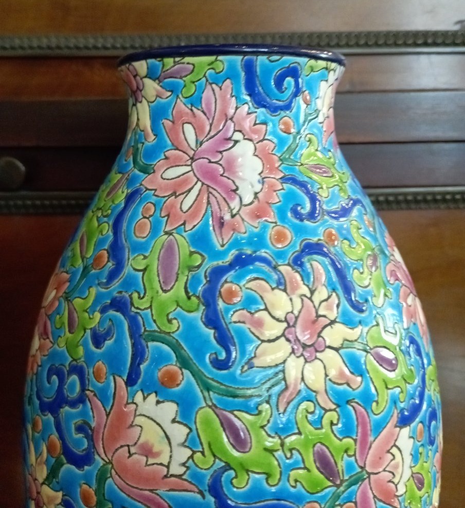 Paire de vases balustres décor pivoines '' Emaux de Longwy''-photo-4