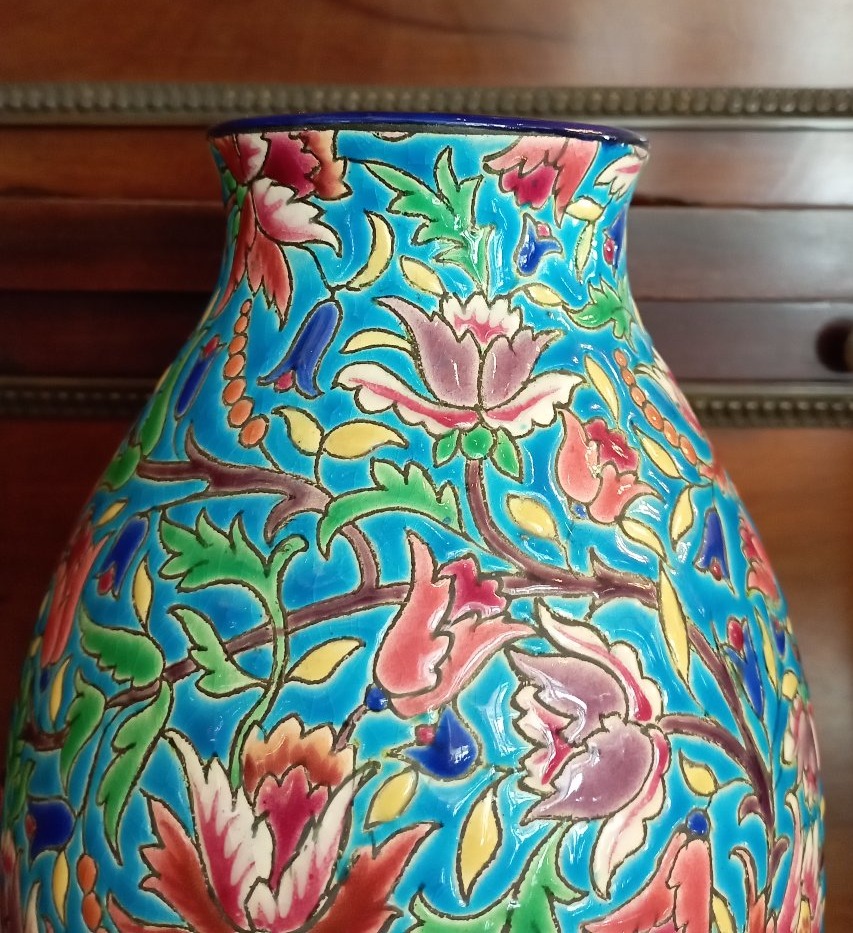 Paire de vases balustres décor pivoines '' Emaux de Longwy''-photo-1