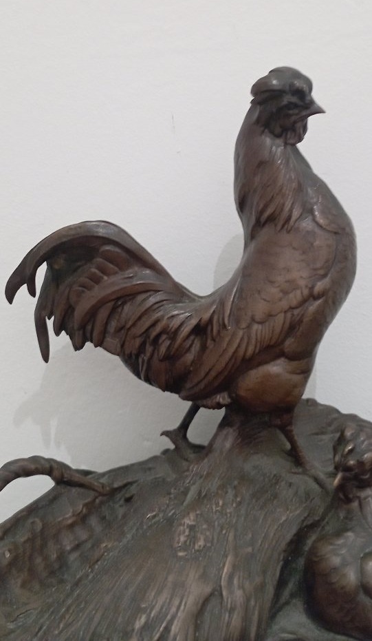 Bronze Trinket Dish Titled “rooster And His Hen” By Auguste Cain  -photo-2