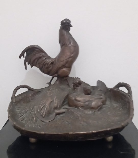 Bronze Trinket Dish Titled “rooster And His Hen” By Auguste Cain  