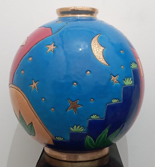 Large "santa Fe" Ball Vase, Manufacture De Longwy-photo-3