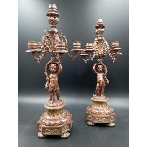 Pair Of Bronze Candelabra With Putti, Late 19th Century