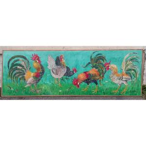 Oil On Canvas "roosters" By Pierre Thiriot