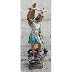 Archange Saint Michel bois et plâtre fin XIX ème siècle