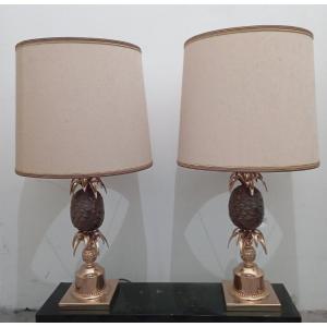 Paire de lampes ananas en bronze doré années 70'