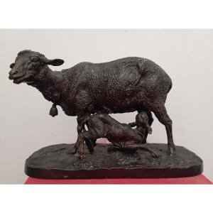 ''brebis Allaitant Son Agneau'' Bronze By P.j Mène