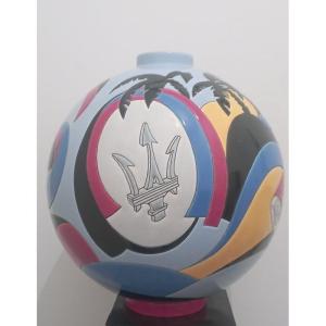 Large Spherical Vase From The Longwy Factory, “trident,” By Philippe Para