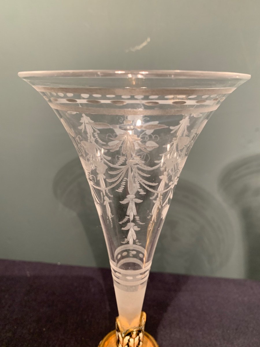 Paire De Vases Cornets Cristal Gravé Et Pied Cloisonné. époque Napoléon III.  Alfred Giroux-photo-2
