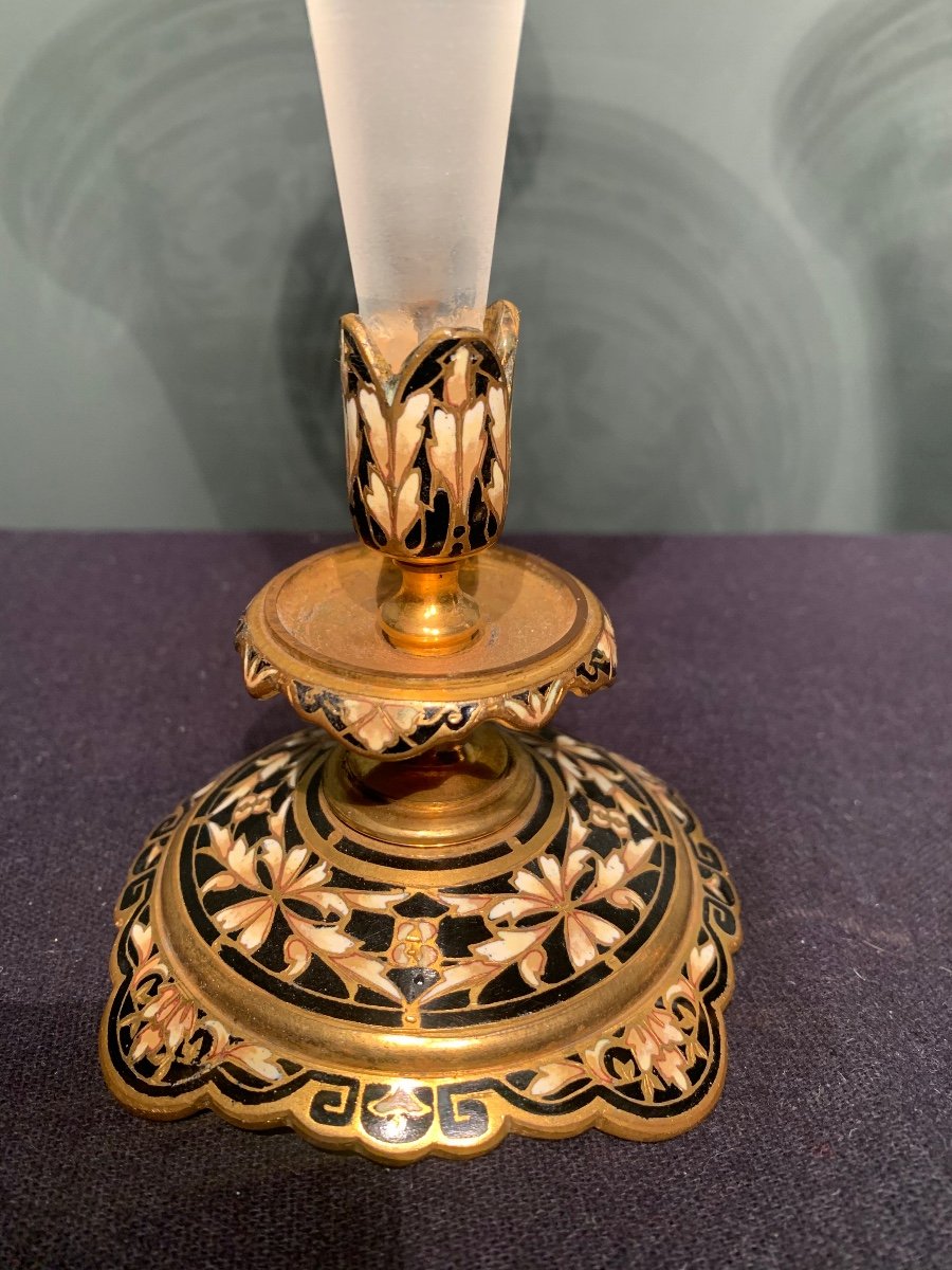 Paire De Vases Cornets Cristal Gravé Et Pied Cloisonné. époque Napoléon III.  Alfred Giroux-photo-4