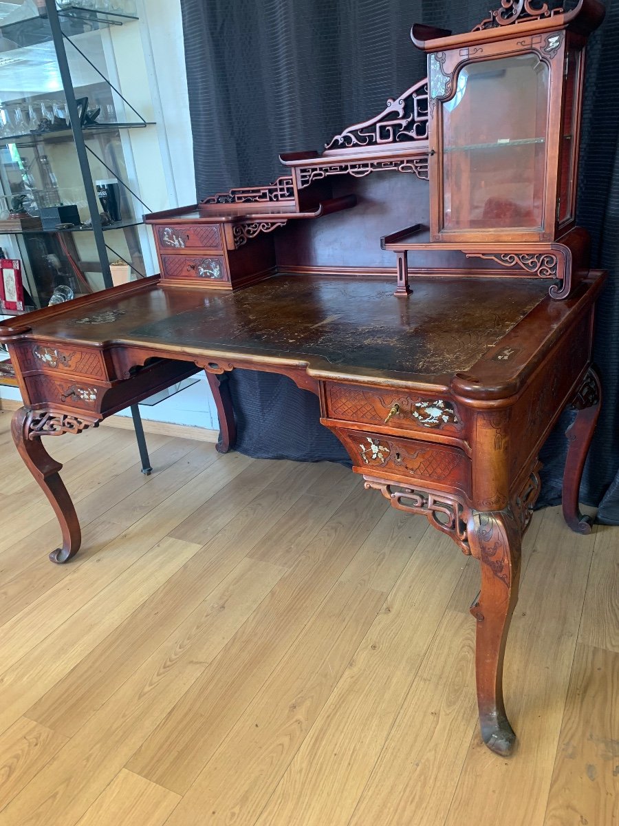 Bureau Plat Avec  Gradin Et Vitrine. Attribué à Gabriel Viardot. Fin XIXe Siècle -photo-2