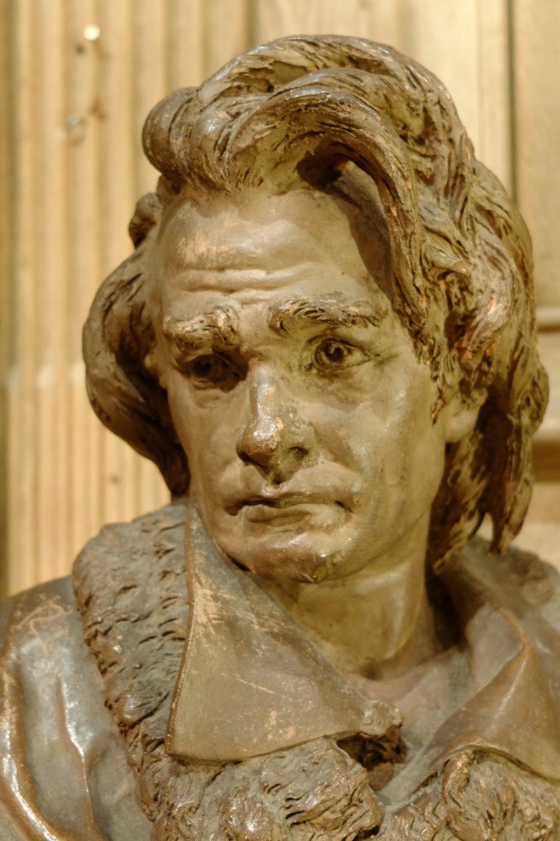 Buste De Beethoven En Terre Cuite Sur Piedouche  Signé A Carrier Belleuse. Epoque XIX è Siècle-photo-2