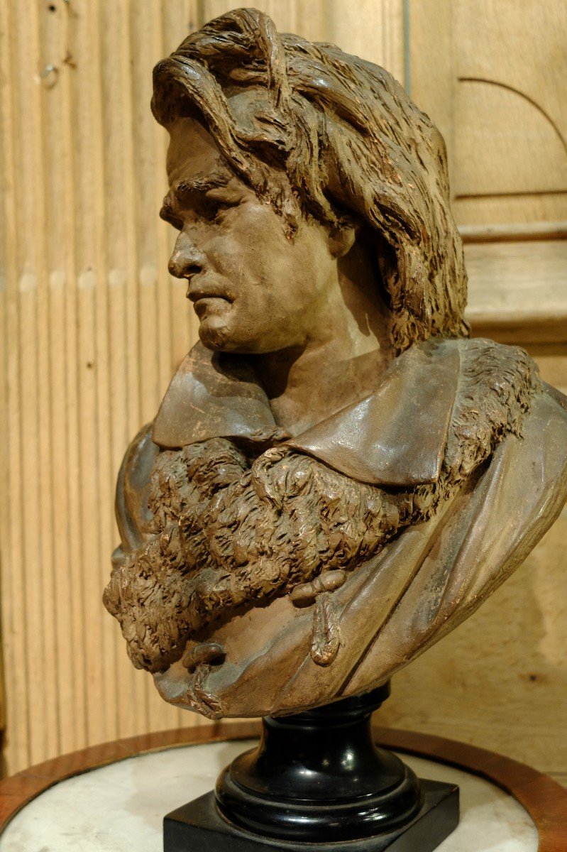 Buste De Beethoven En Terre Cuite Sur Piedouche  Signé A Carrier Belleuse. Epoque XIX è Siècle-photo-1