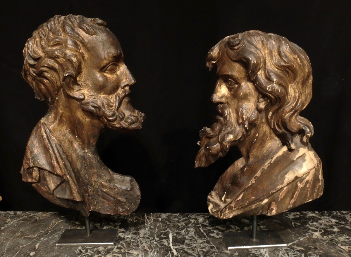 Deux Profiles d'Homme Formant Pendant En Bois Sculpté, Doré Et Patiné. Italie XVII ème Siècle.-photo-2
