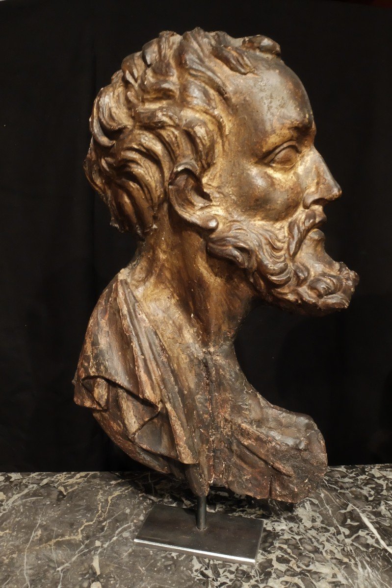 Deux Profiles d'Homme Formant Pendant En Bois Sculpté, Doré Et Patiné. Italie XVII ème Siècle.-photo-3