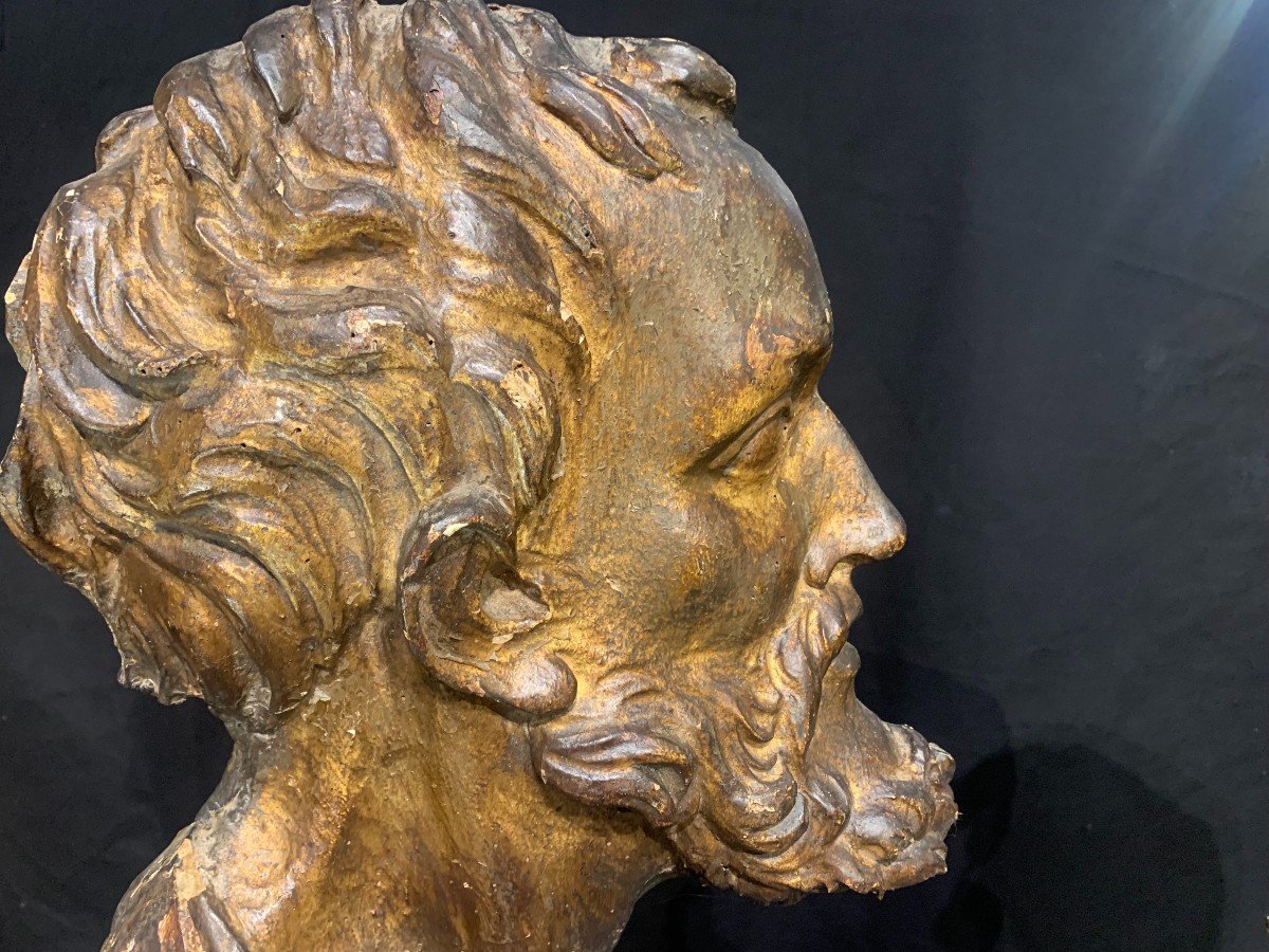 Deux Profiles d'Homme Formant Pendant En Bois Sculpté, Doré Et Patiné. Italie XVII ème Siècle.-photo-1