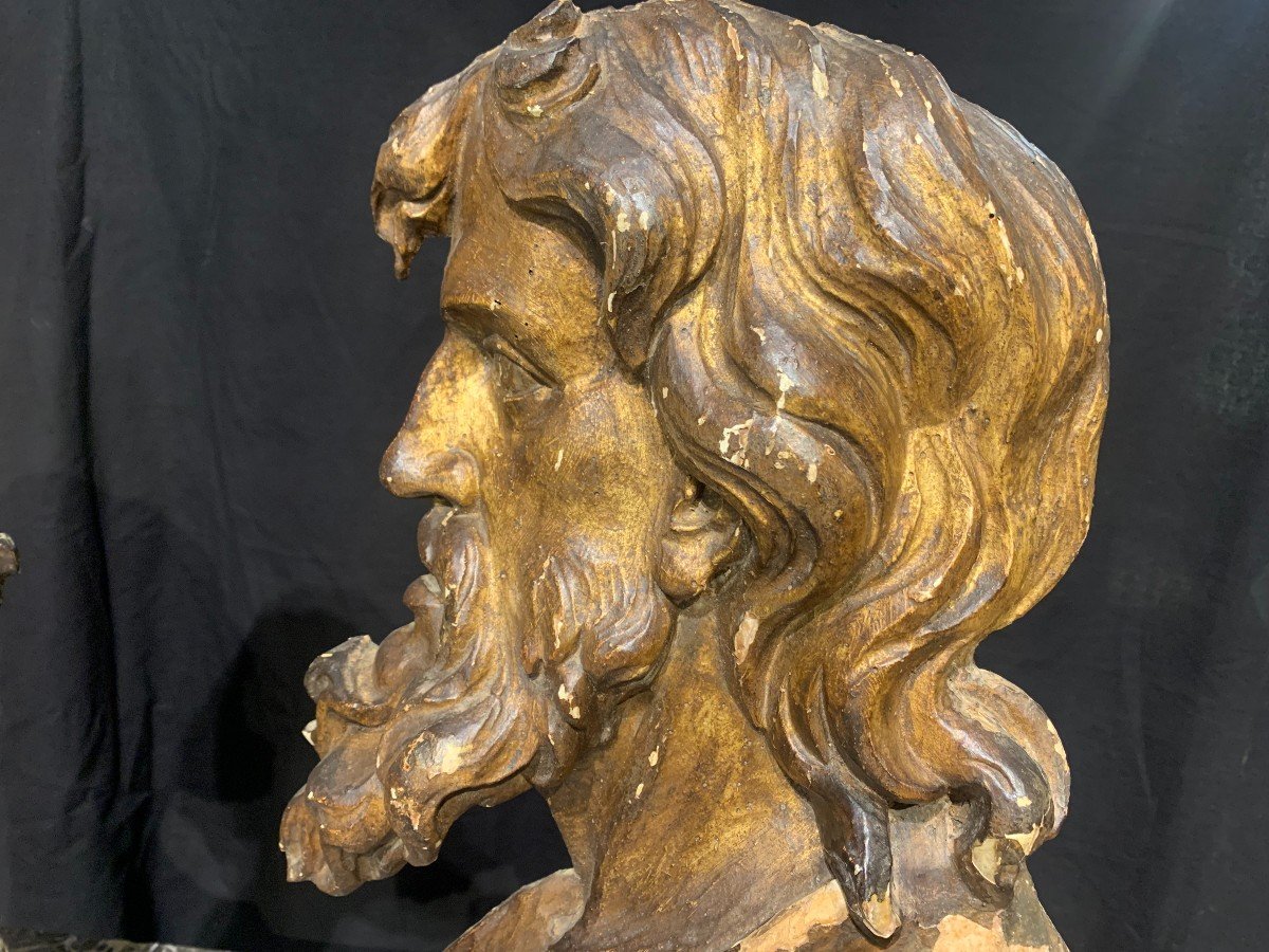 Deux Profiles d'Homme Formant Pendant En Bois Sculpté, Doré Et Patiné. Italie XVII ème Siècle.-photo-2