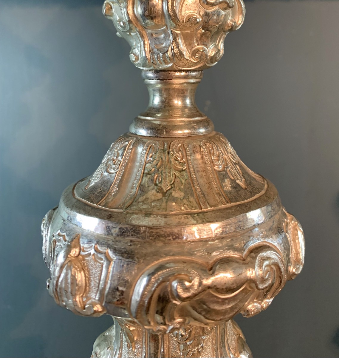 Large Pair Of Silver-plated Metal Candlesticks. Embossed Work. 18th Century Period.-photo-1