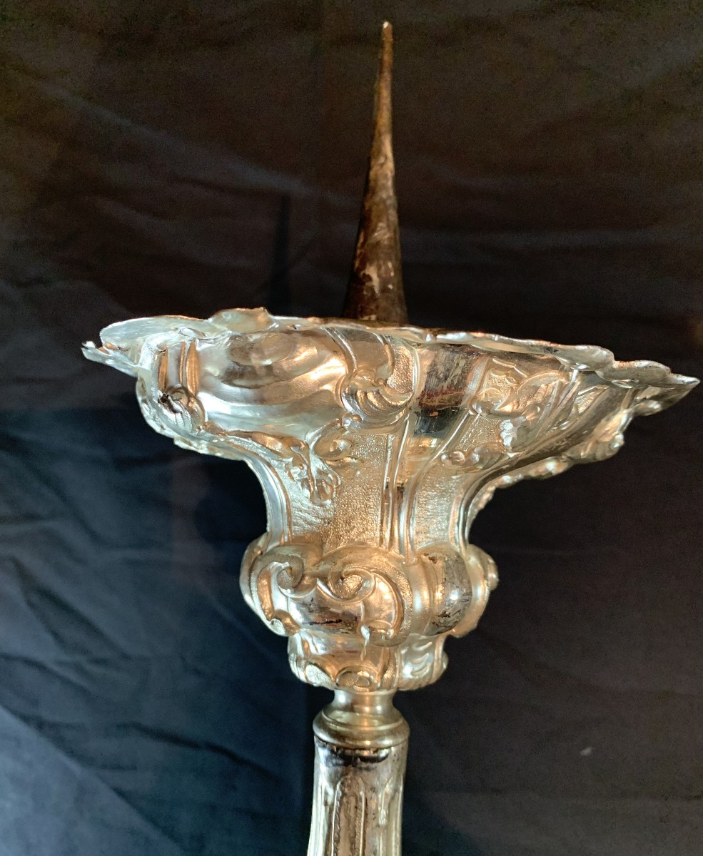 Large Pair Of Silver-plated Metal Candlesticks. Embossed Work. 18th Century Period.-photo-5