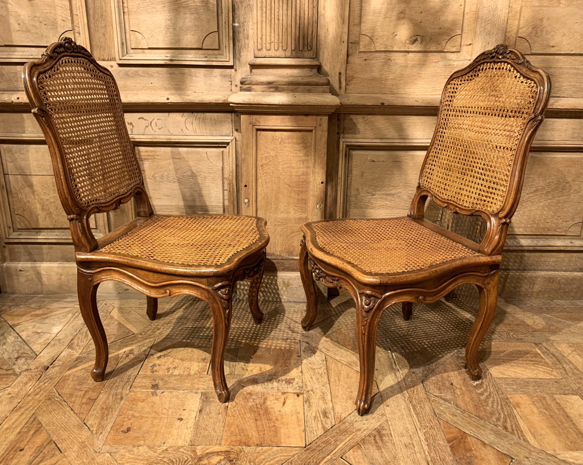 Pair Of Carved And Molded Walnut Cane Chairs – Attributed To Nogaret. Louis XV Period.-photo-1