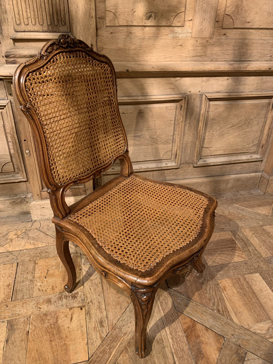 Pair Of Carved And Molded Walnut Cane Chairs – Attributed To Nogaret. Louis XV Period.-photo-3