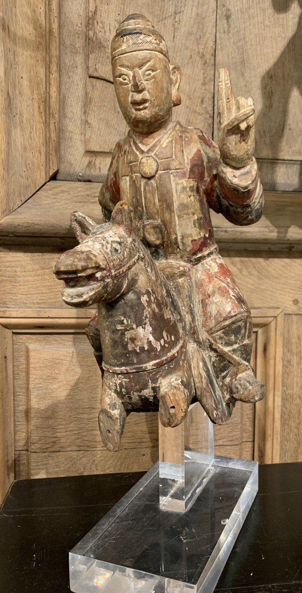 Polychrome Wooden Sculpture Of A Horseman. China, Kangxi Dynasty - 18th Century. -photo-2