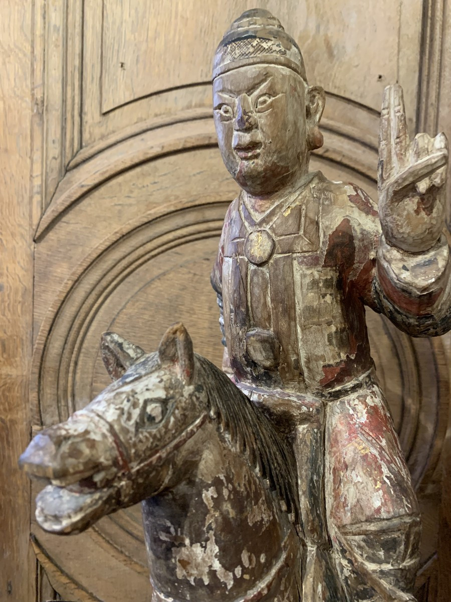 Polychrome Wooden Sculpture Of A Horseman. China, Kangxi Dynasty - 18th Century. -photo-3