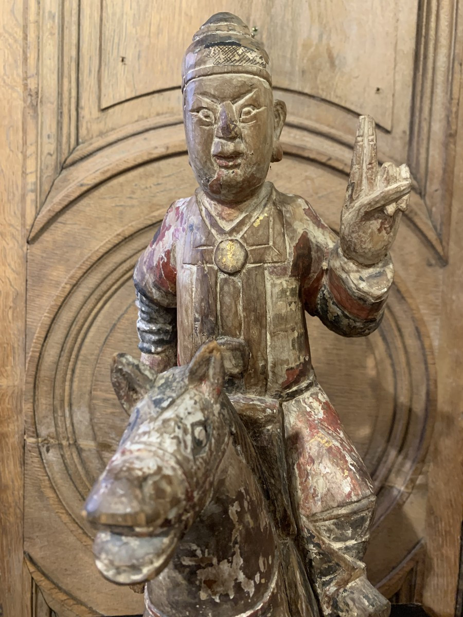 Polychrome Wooden Sculpture Of A Horseman. China, Kangxi Dynasty - 18th Century. -photo-1