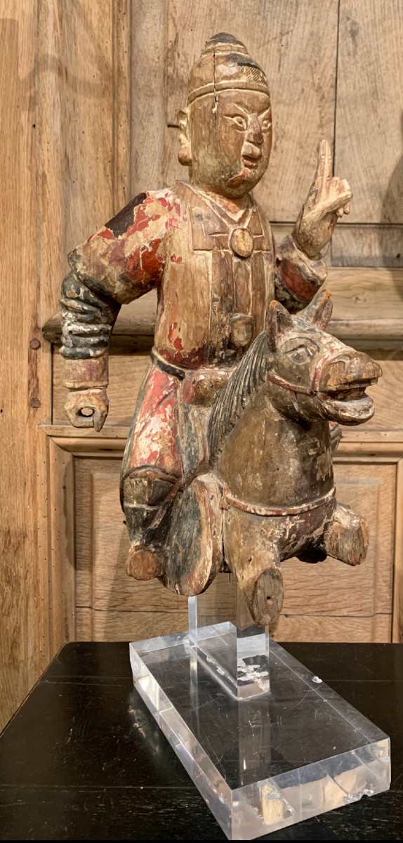 Polychrome Wooden Sculpture Of A Horseman. China, Kangxi Dynasty - 18th Century. 