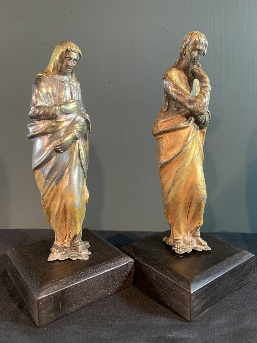 Mary And Saint John Of Calvary In Gilded And Silvered Bronze. Late 17th Century.-photo-1