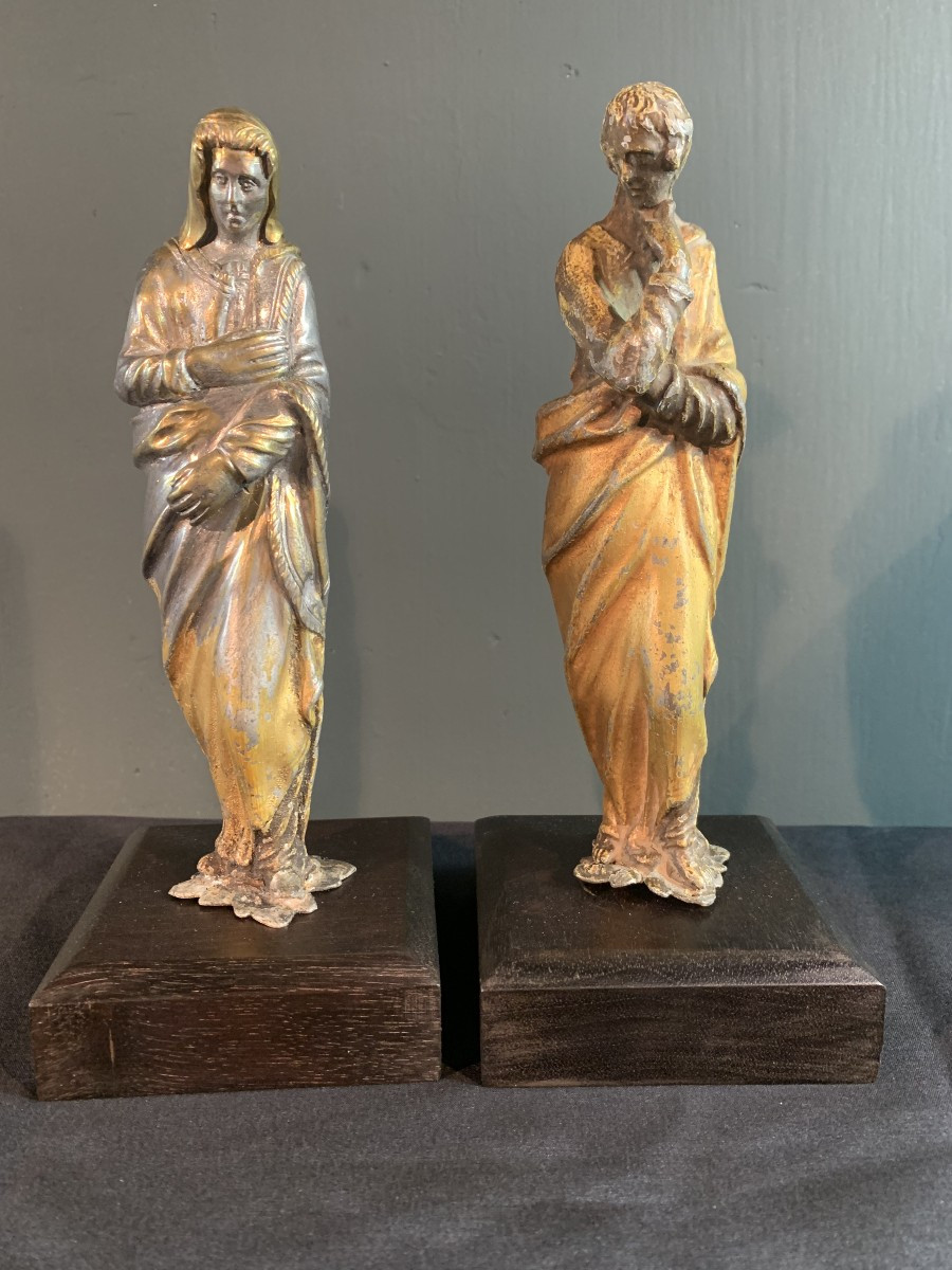 Mary And Saint John Of Calvary In Gilded And Silvered Bronze. Late 17th Century.