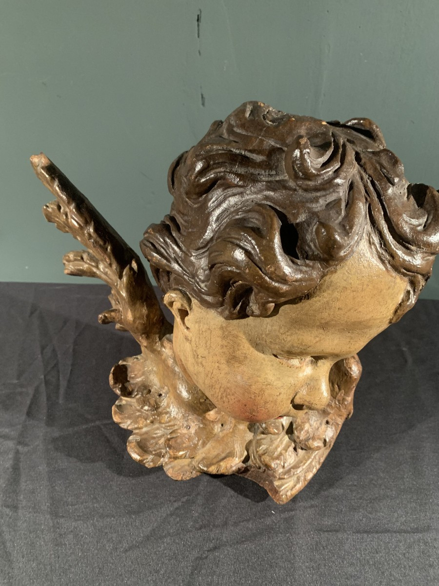 Tête d'ange en bois sculpté polychrome époque début XVIII ème siècle-photo-4