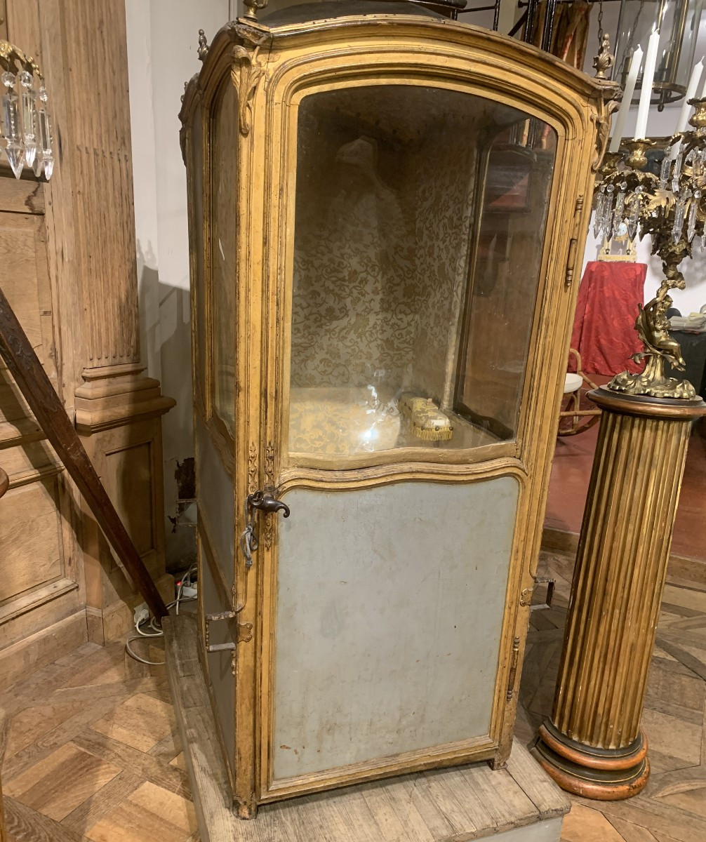 Chaise à porteurs d'époque Régence en bois sculpté, doré et laqué avec ses brancards en noyer-photo-3
