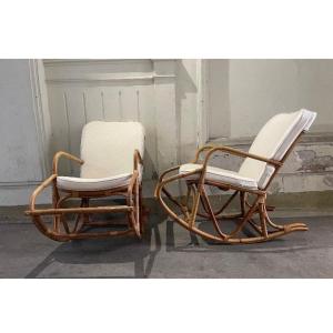 Paire De Rocking Chairs, En Rotin, Début XXe