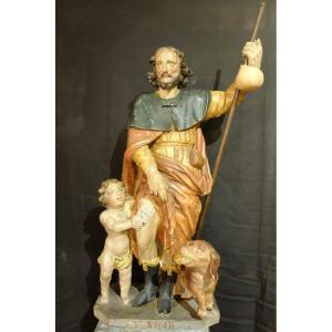 Poychrome Carved Wood Group Representing Saint Roch, The Child And The Dog. 18th Century Period