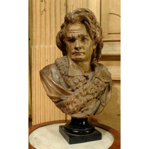 Bust Of Beethoven In Terracotta On Pedestal Signed A Carrier Belleuse. Period 19th Century