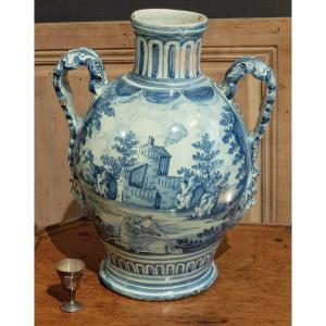 Large Earthenware Vase With Blue Camaïeu Decor, Savona 19th Century.