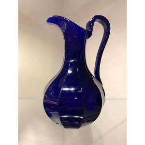 Blue Cut Glass Pitcher With Facets. 19th Century.