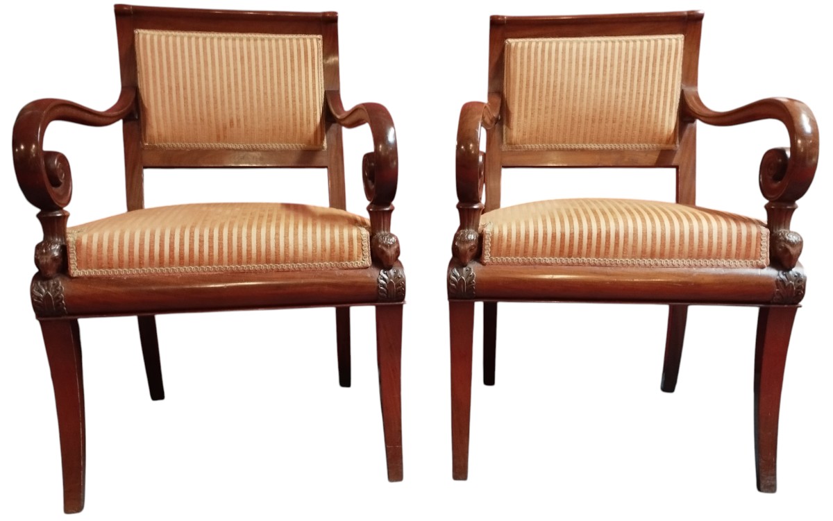 Pair Of Mahogany Ram's Head Armchairs