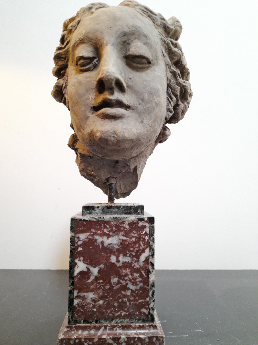 Tête de femme en  terre cuite sur socle