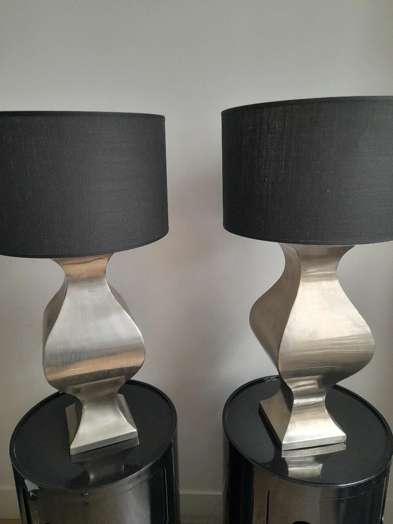 Paire de lampes en acier brossé années 70-photo-3