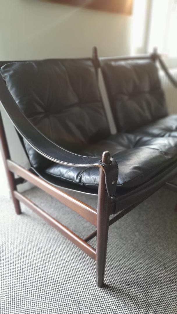 Black Leather Two-seater Sofa, -photo-3